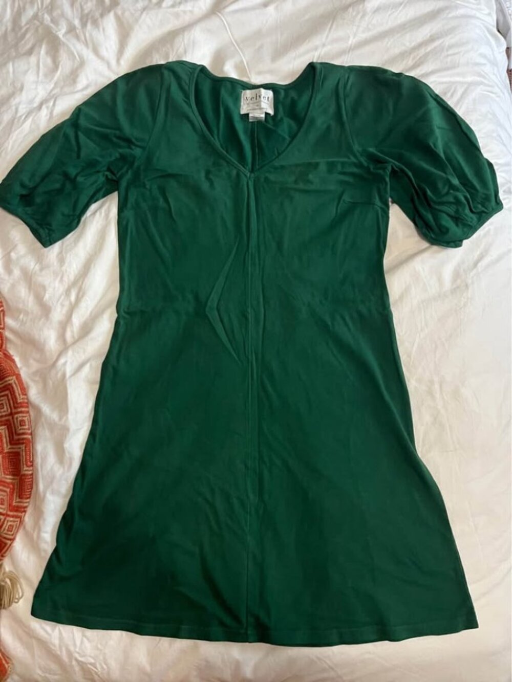 Anthropologie Velvet brand Green cotton dress with puffed sleeves size small
